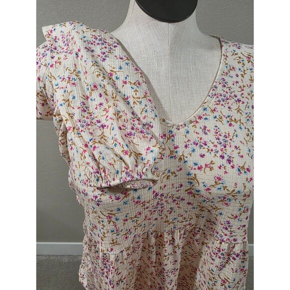 Torrid Floral Print Ribbed Peplum Long Sleeve Top Size M Cream/Pink/Blue Stretch - Picture 4 of 5